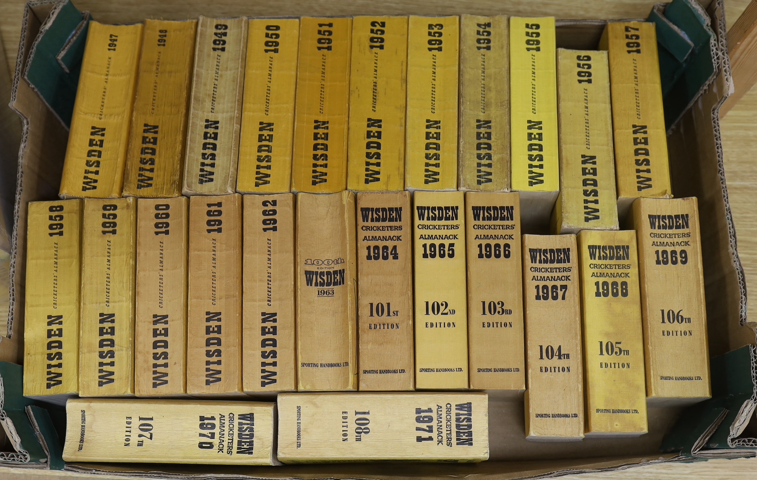 Wisden's Cricketers Almanack, some earlier volumes and a long post-war run, comprises: 1947-2005 (59 vols., limp cloth and cloth with d/wrapper bindings); and the following earlier years - 1911, 1912, 1914, 1920, 1924, 1